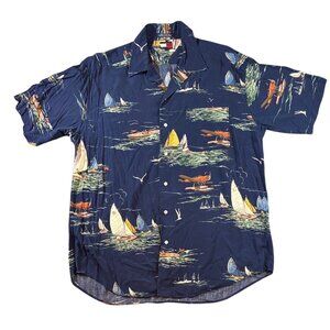 Vintage Tommy Hilfiger Shirt Mens Blue Sailing Gear Rayon Short Sleeve Size L